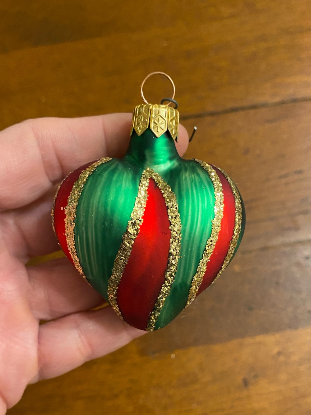 VTG Slovakia Glass Heart Christmas Ornament Striped Red Green Gold Glitter